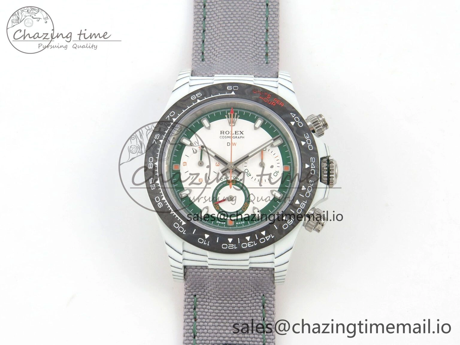 Daytona DIW Carbon Case and Bezel DIWF Edition White Green Dial on Grey Nylon Strap A7750
