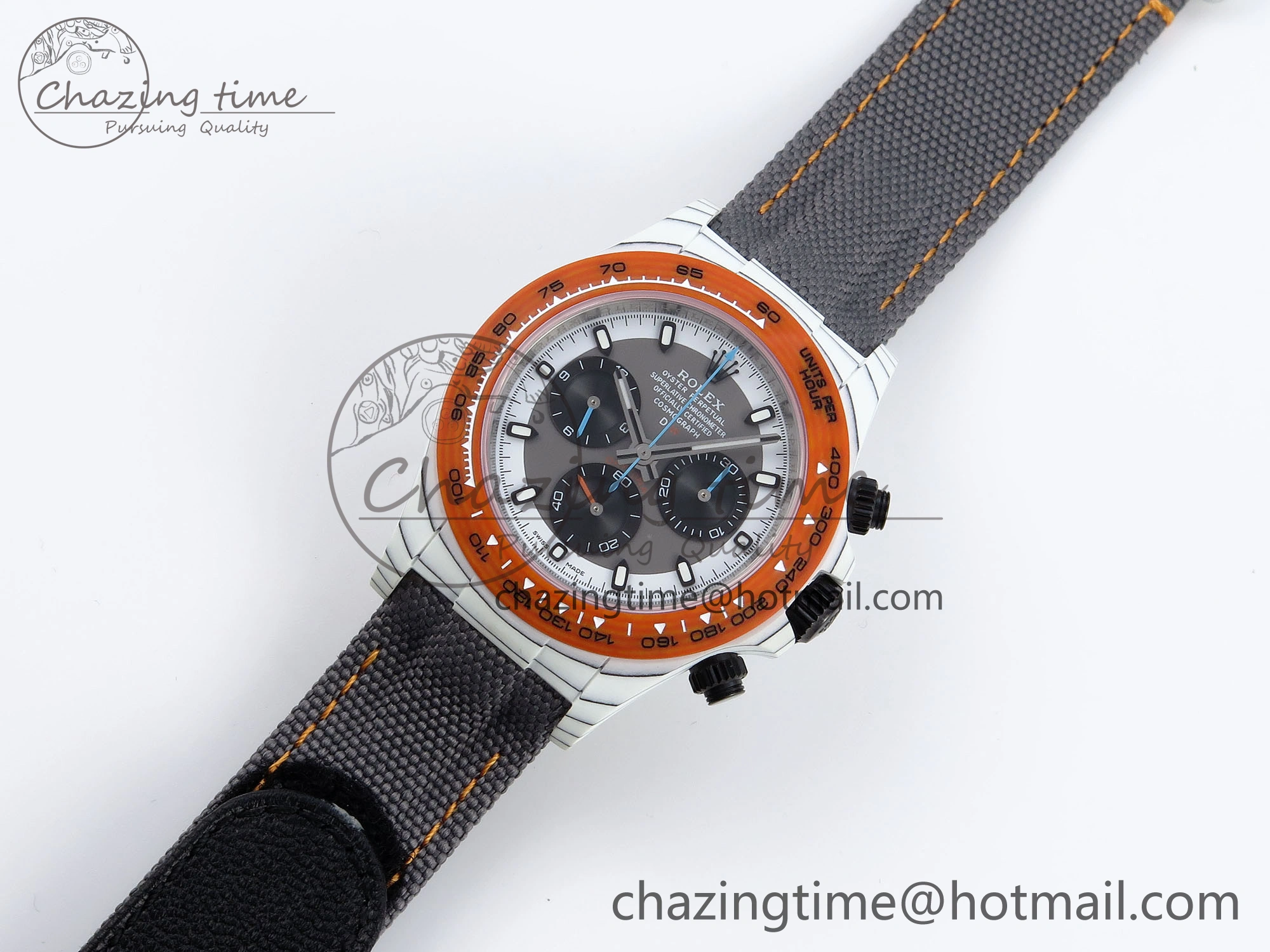 Daytona DIW White Carbon Case DIWF Edition Gray White Dial Orange Bezel on Gray Nylon Strap A7750