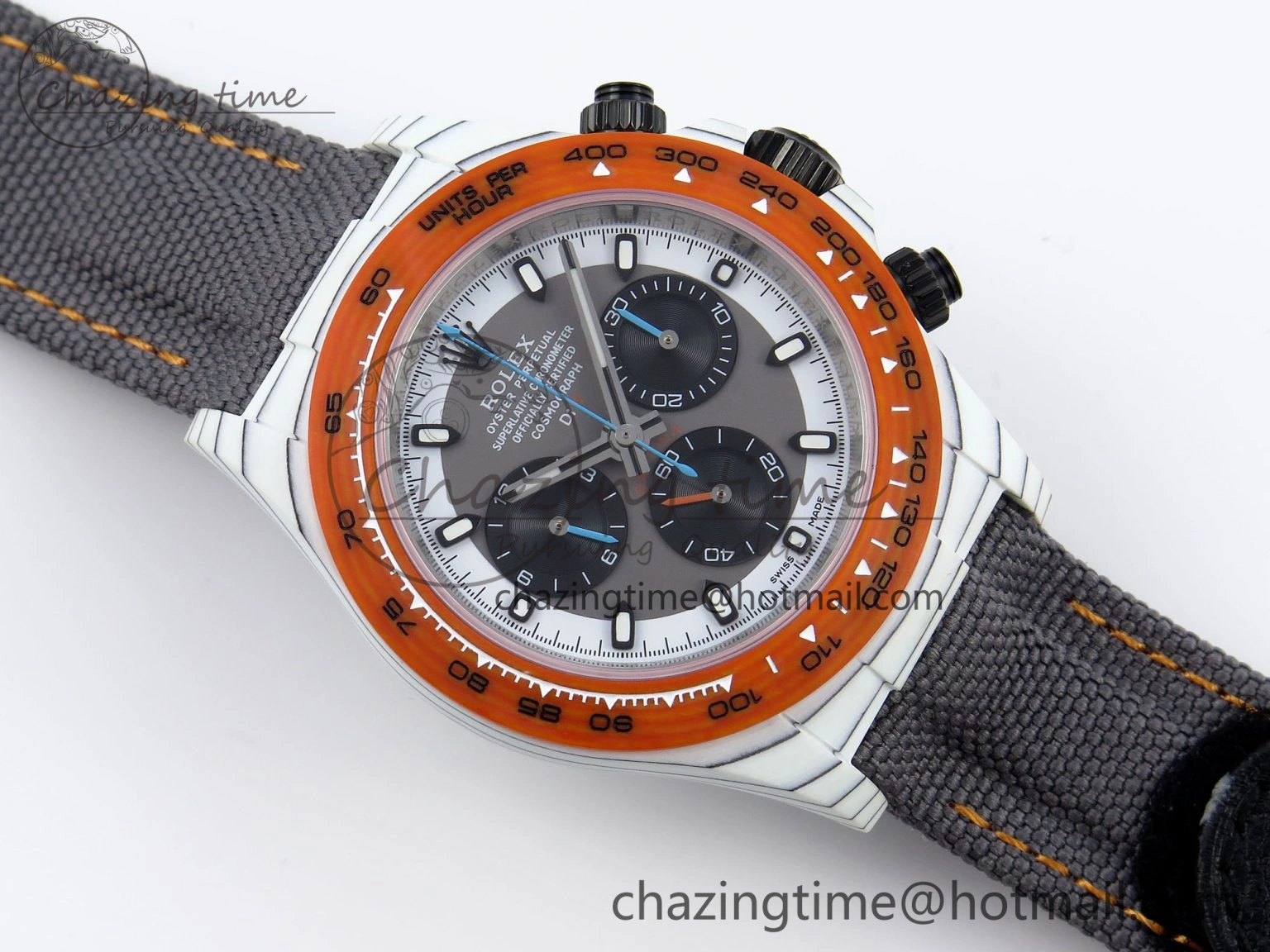 Daytona DIW White Carbon Case DIWF Edition Gray White Dial Orange Bezel on Gray Nylon Strap A7750