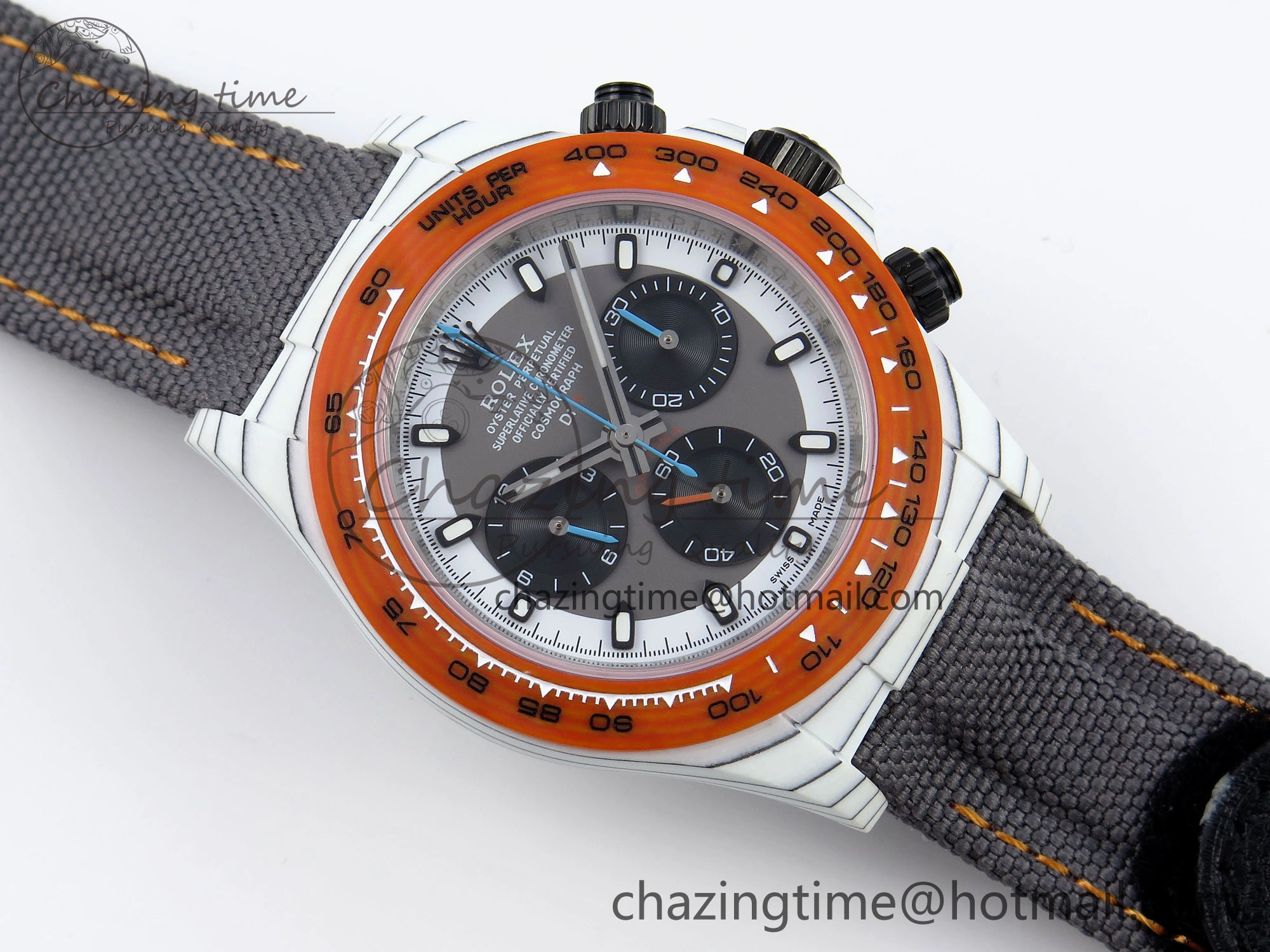 Daytona DIW White Carbon Case DIWF Edition Gray White Dial Orange Bezel on Gray Nylon Strap A7750