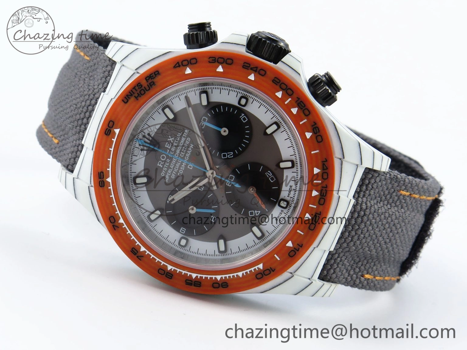Daytona DIW White Carbon Case DIWF Edition Gray White Dial Orange Bezel on Gray Nylon Strap A7750
