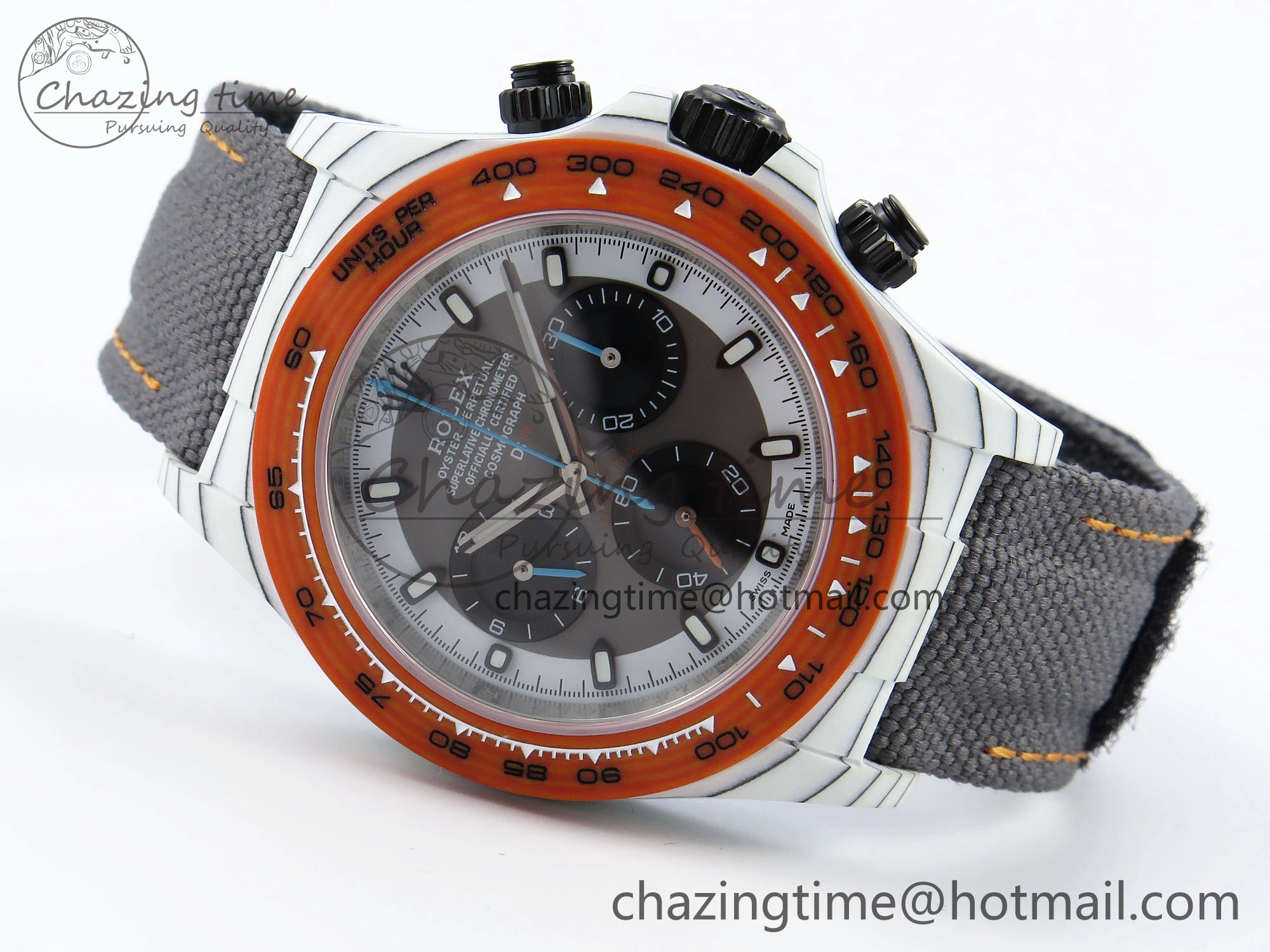 Daytona DIW White Carbon Case DIWF Edition Gray White Dial Orange Bezel on Gray Nylon Strap A7750