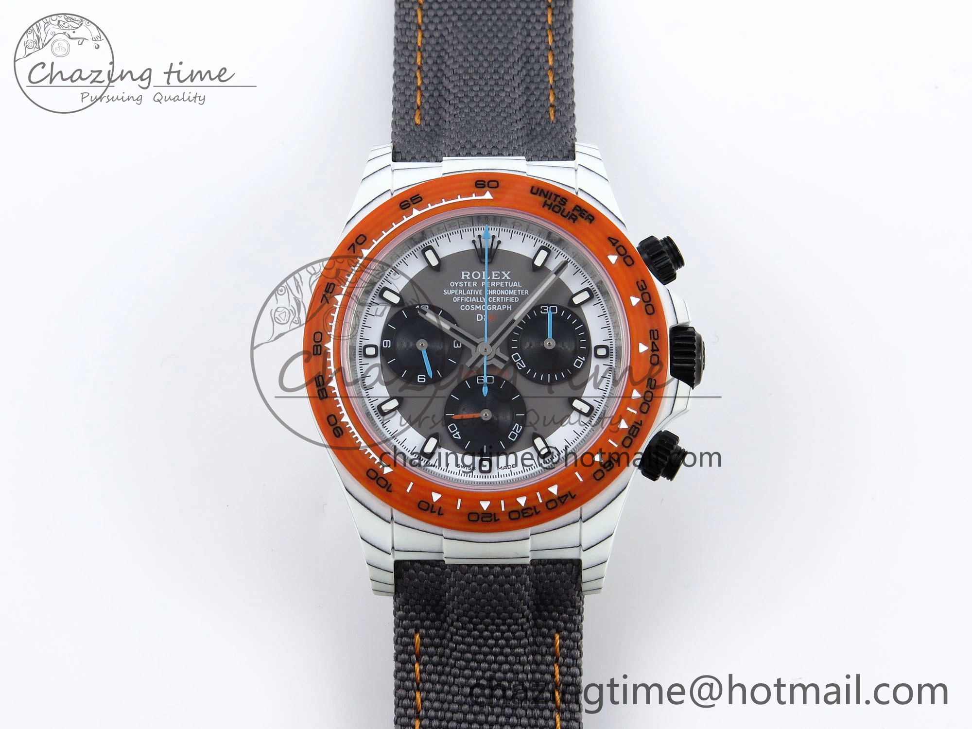 Daytona DIW White Carbon Case DIWF Edition Gray White Dial Orange Bezel on Gray Nylon Strap A7750