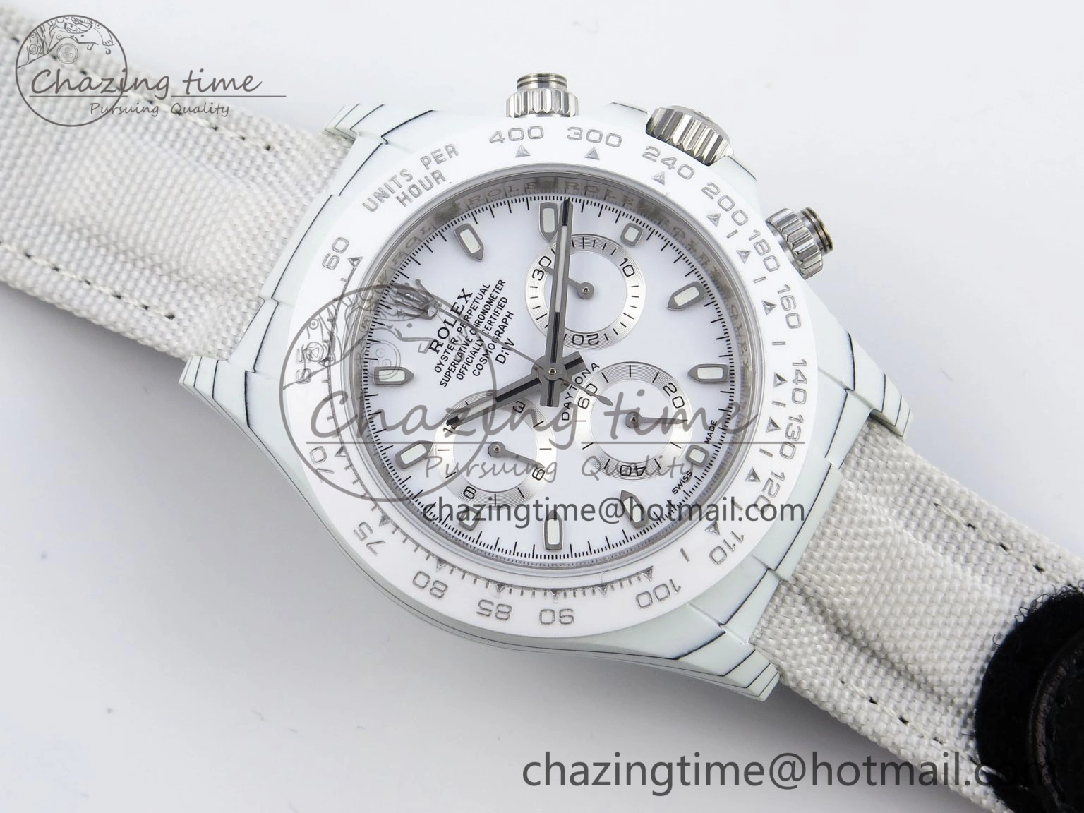 Daytona DIW White Carbon Case DIWF Edition White Dial Ceramic Bezel on White Nylon Strap A7750