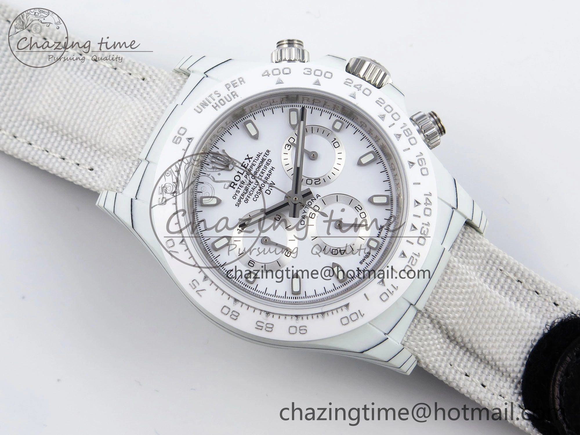 Daytona DIW White Carbon Case DIWF Edition White Dial Ceramic Bezel on White Nylon Strap A7750