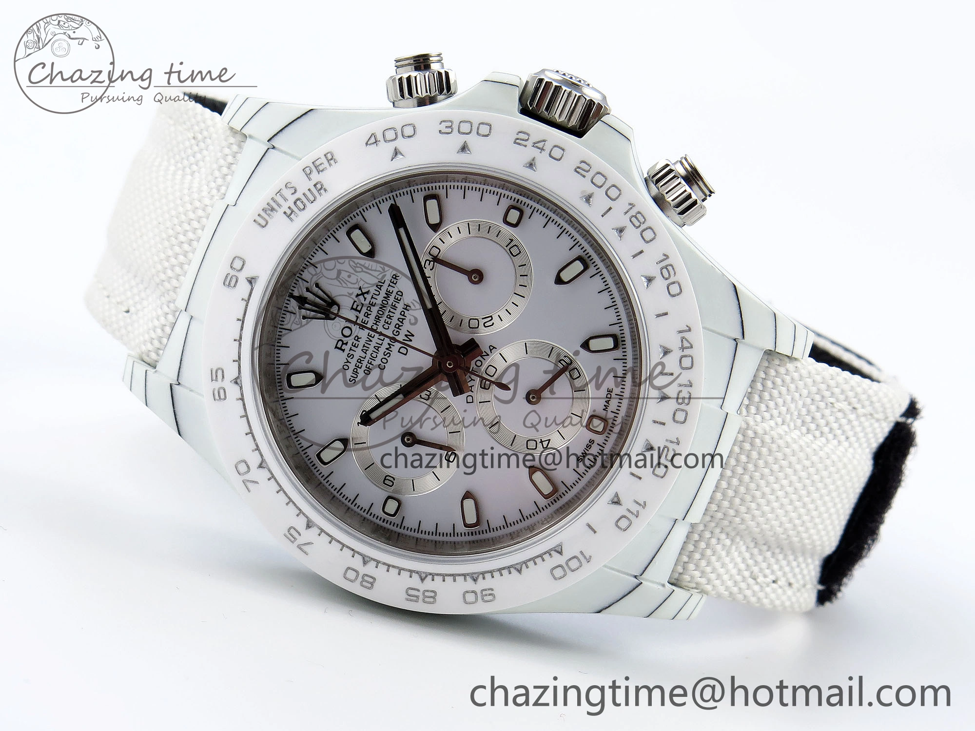 Daytona DIW White Carbon Case DIWF Edition White Dial Ceramic Bezel on White Nylon Strap A7750
