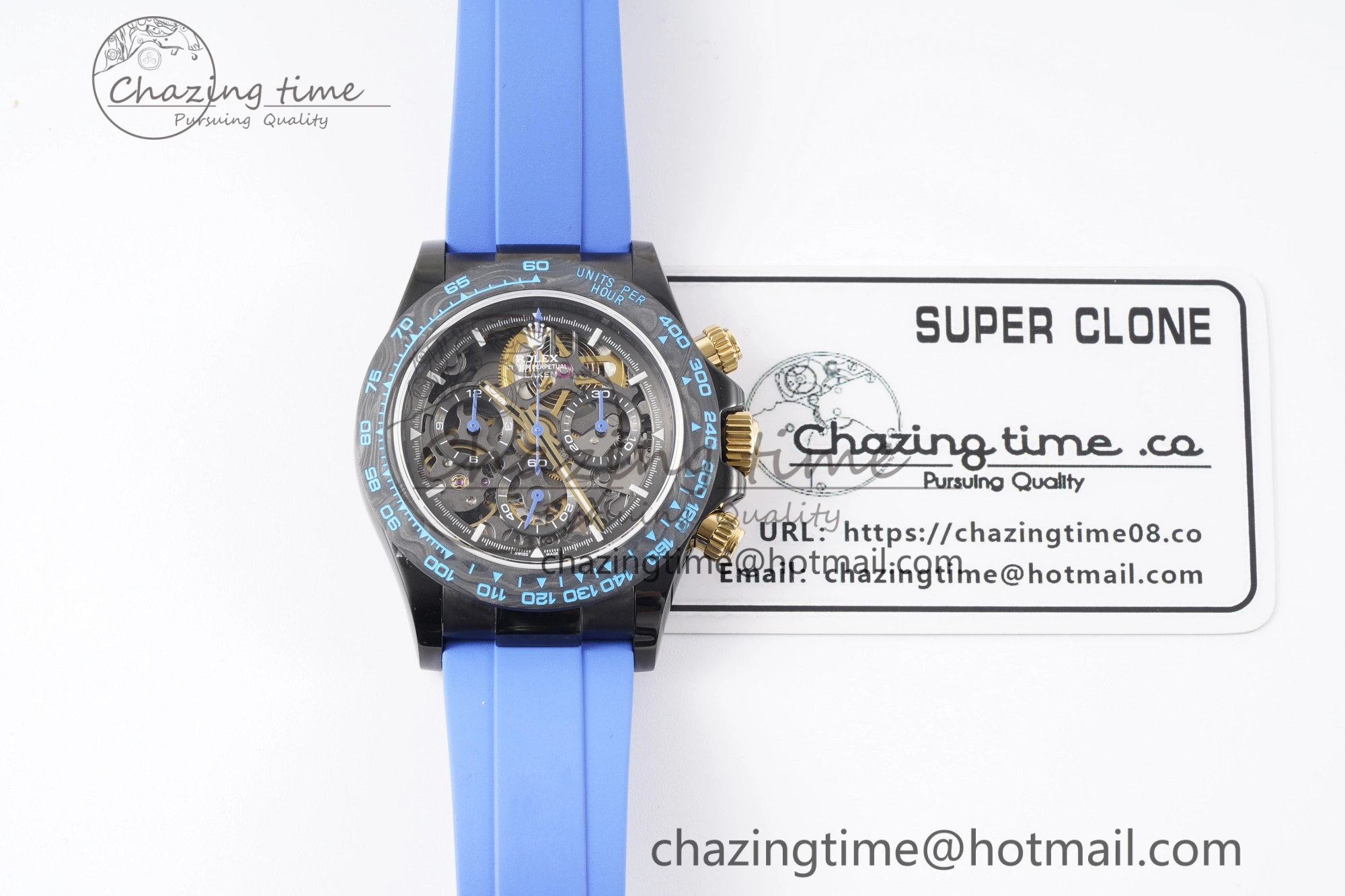 Daytona PVD Carbon Bezel GETF Best Edition Skeleton Blue Dial on Blue Rubber Strap SA4130