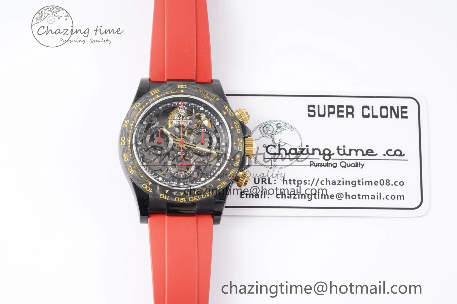 Daytona PVD Carbon Bezel GETF Best Edition Skeleton Red Dial on Red Rubber Strap SA4130