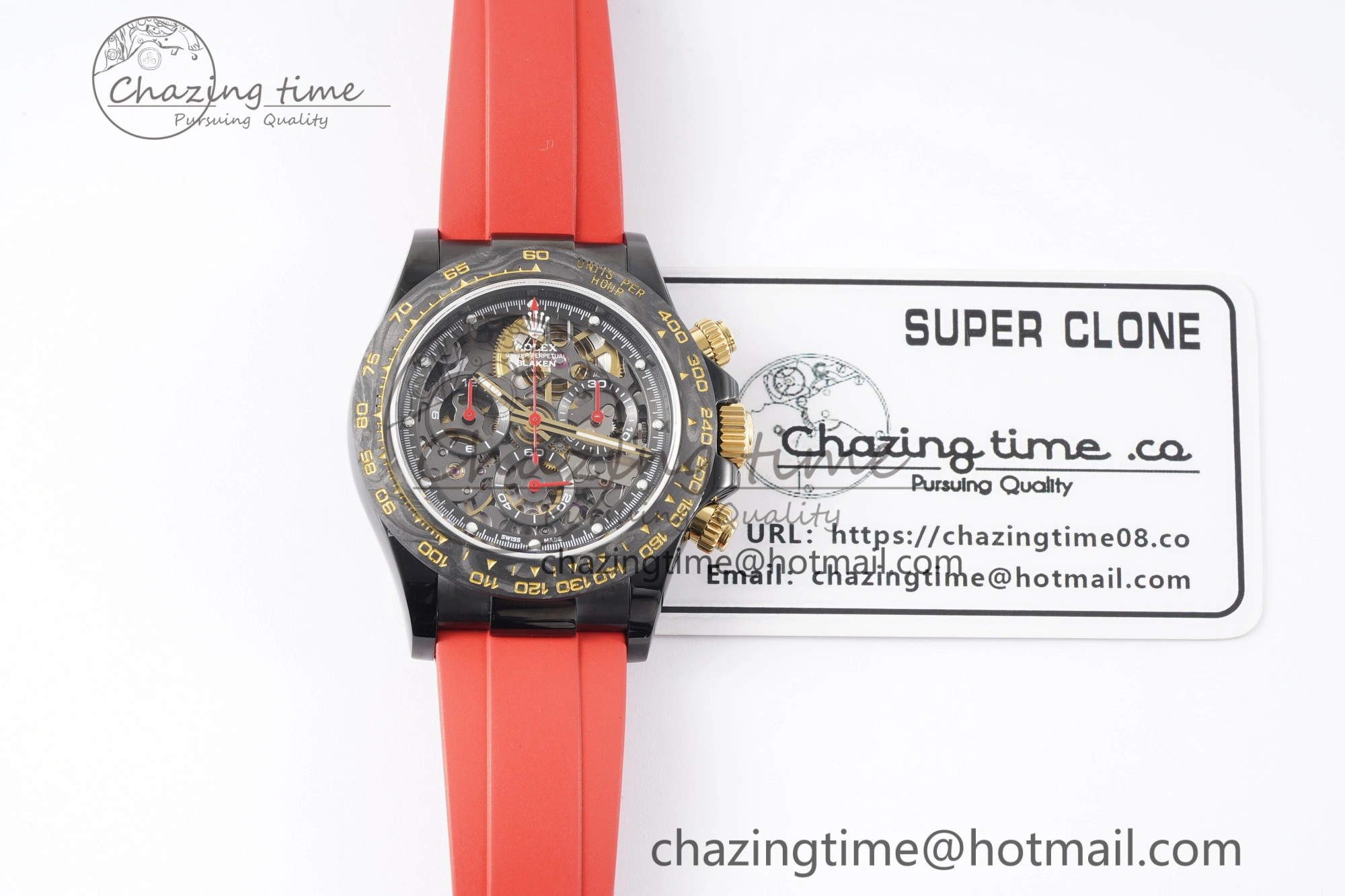 Daytona PVD Carbon Bezel GETF Best Edition Skeleton Red Dial on Red Rubber Strap SA4130