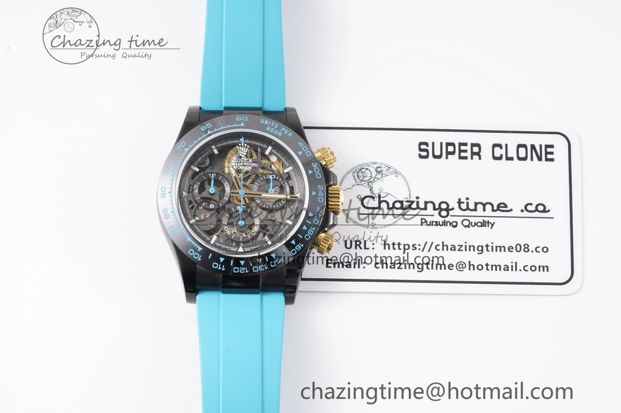 Daytona PVD Ceramic Bezel GETF Best Edition Skeleton Cyan Dial on Cyan Rubber Strap SA4130