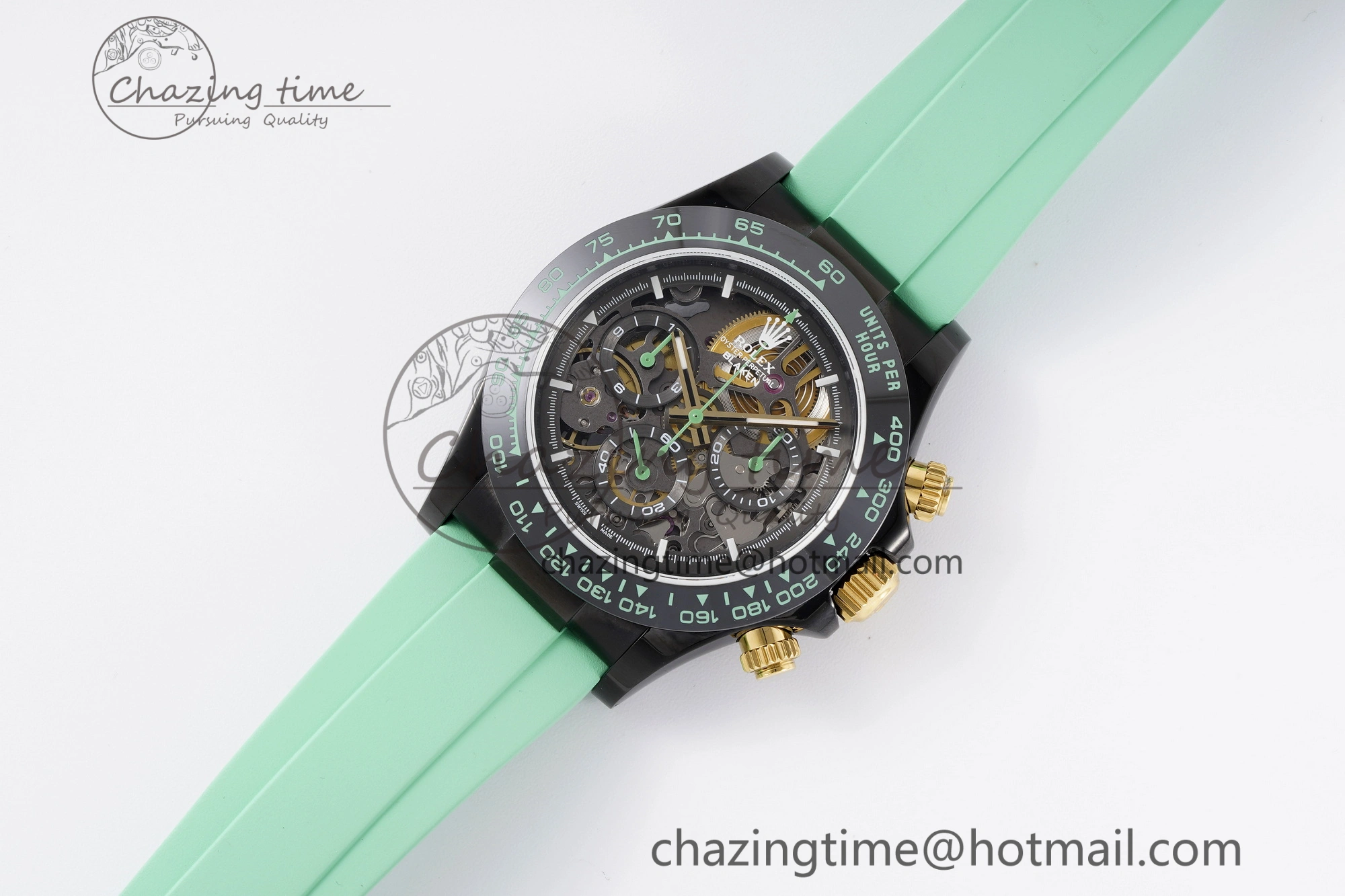 Daytona PVD Ceramic Bezel GETF Best Edition Skeleton Green Dial on Avocado Green Rubber Strap SA4130