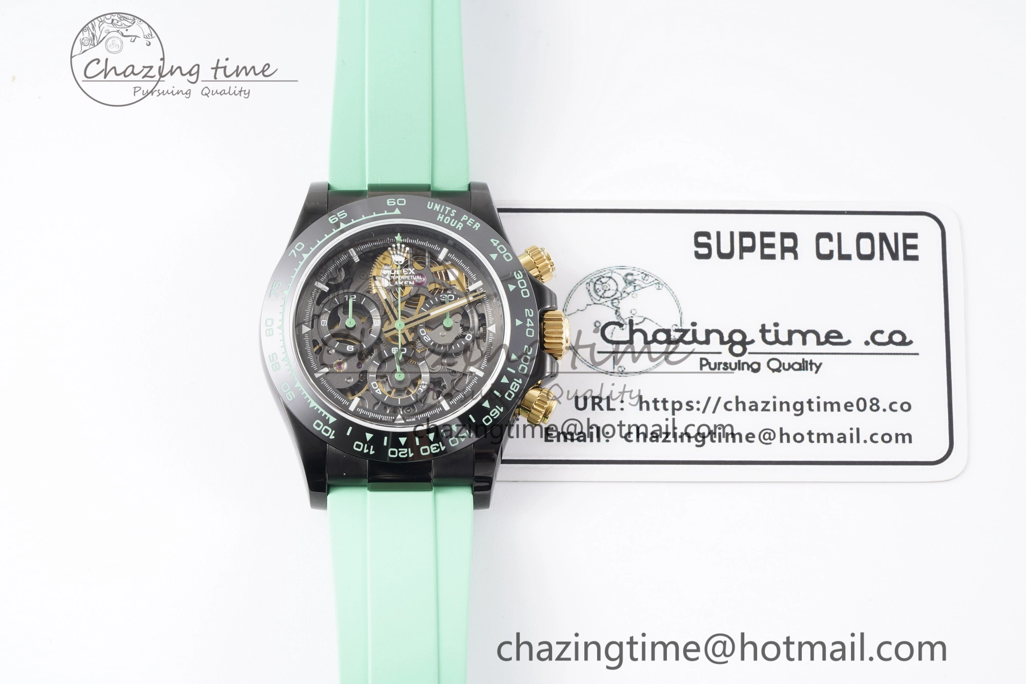 Daytona PVD Ceramic Bezel GETF Best Edition Skeleton Green Dial on Avocado Green Rubber Strap SA4130