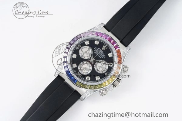 Daytona SS Rainbow Diamonds Bezel JVSF 1:1 Best Edition 904L Steel White Panda Dial on Oysterflex Strap A7750