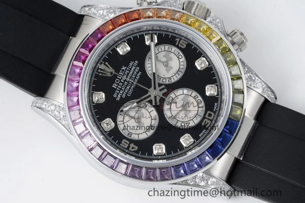 Daytona SS Rainbow Diamonds Bezel JVSF 1:1 Best Edition 904L Steel White Panda Dial on Oysterflex Strap A7750