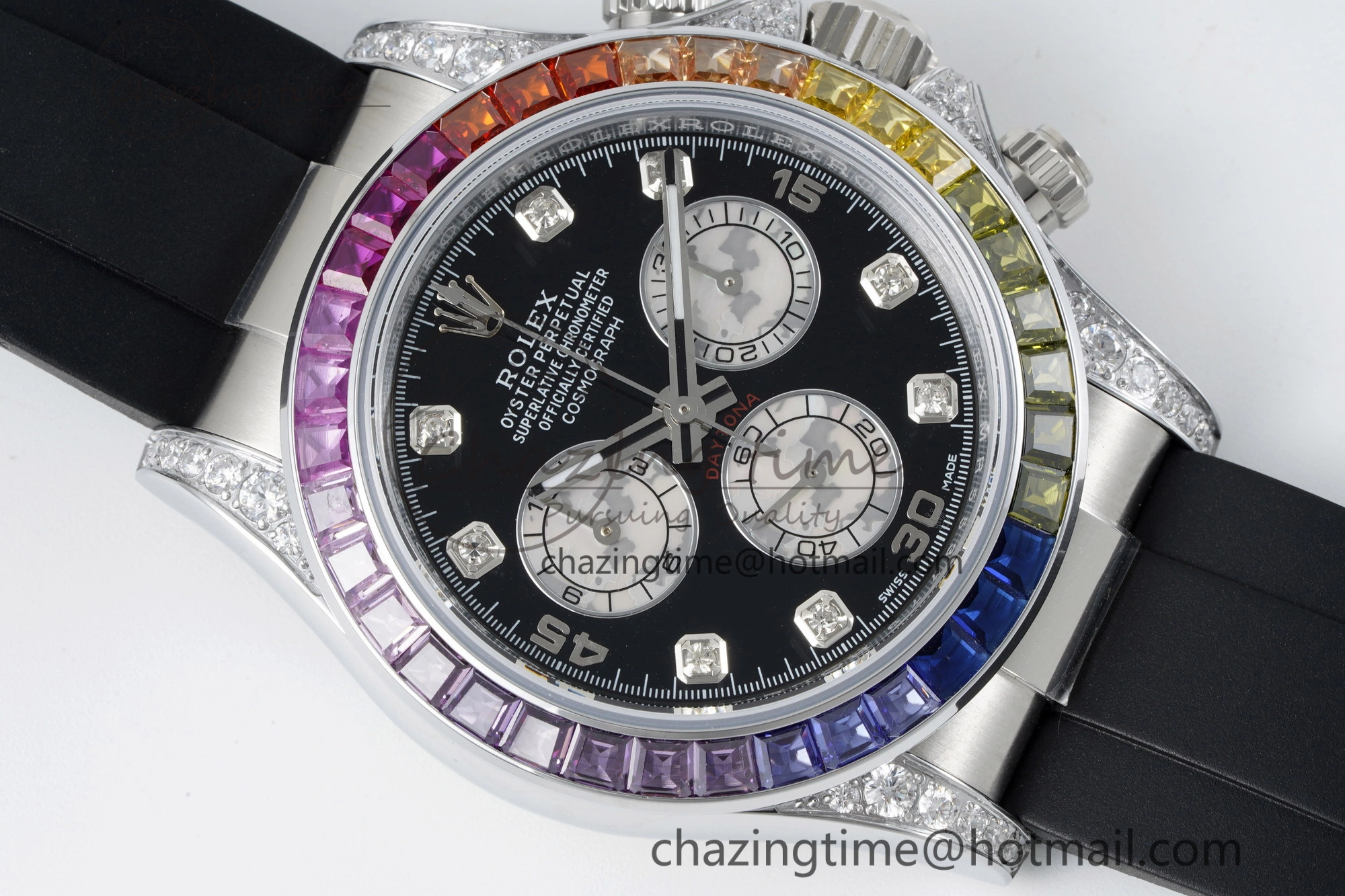 Daytona SS Rainbow Diamonds Bezel JVSF 1:1 Best Edition 904L Steel White Panda Dial on Oysterflex Strap A7750