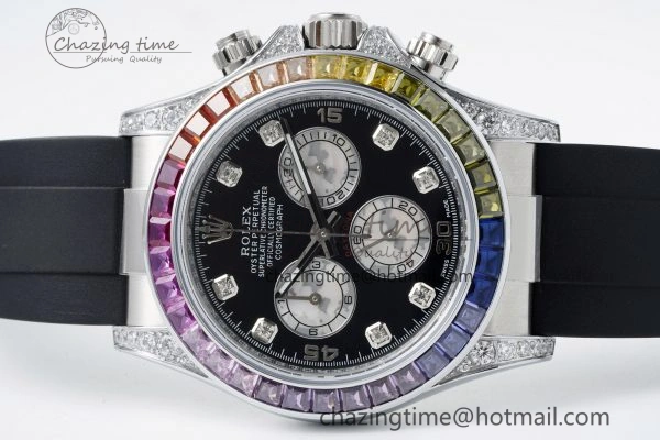 Daytona SS Rainbow Diamonds Bezel JVSF 1:1 Best Edition 904L Steel White Panda Dial on Oysterflex Strap A7750