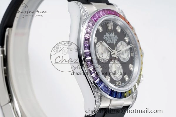 Daytona SS Rainbow Diamonds Bezel JVSF 1:1 Best Edition 904L Steel White Panda Dial on Oysterflex Strap A7750