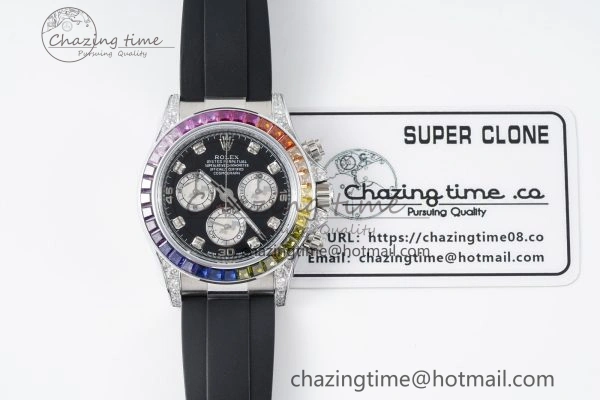 Daytona SS Rainbow Diamonds Bezel JVSF 1:1 Best Edition 904L Steel White Panda Dial on Oysterflex Strap A7750