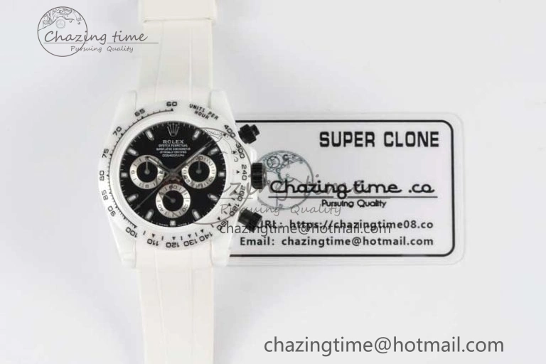 Daytona White Ceramic 5GF Best Edition Black Dial on White Rubber Strap A7750