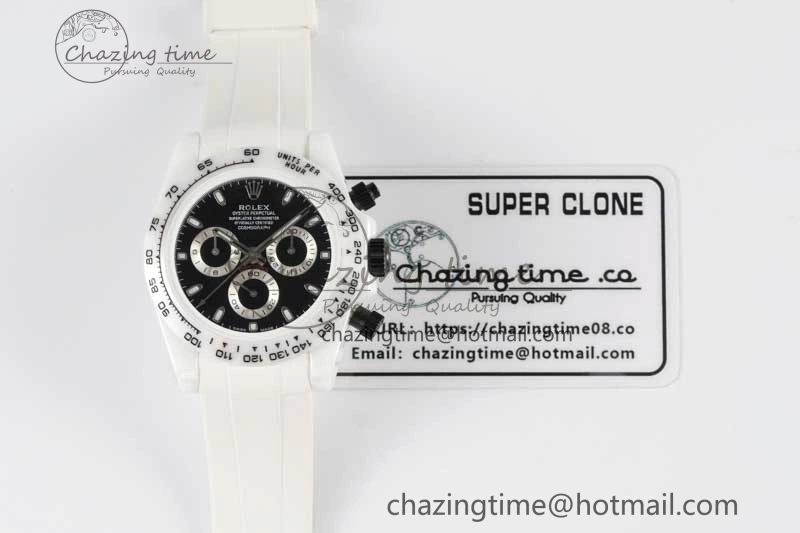 Daytona White Ceramic 5GF Best Edition Black Dial on White Rubber Strap A7750
