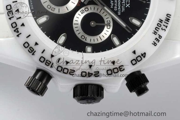 Daytona White Ceramic 5GF Best Edition Black Dial on White Rubber Strap A7750