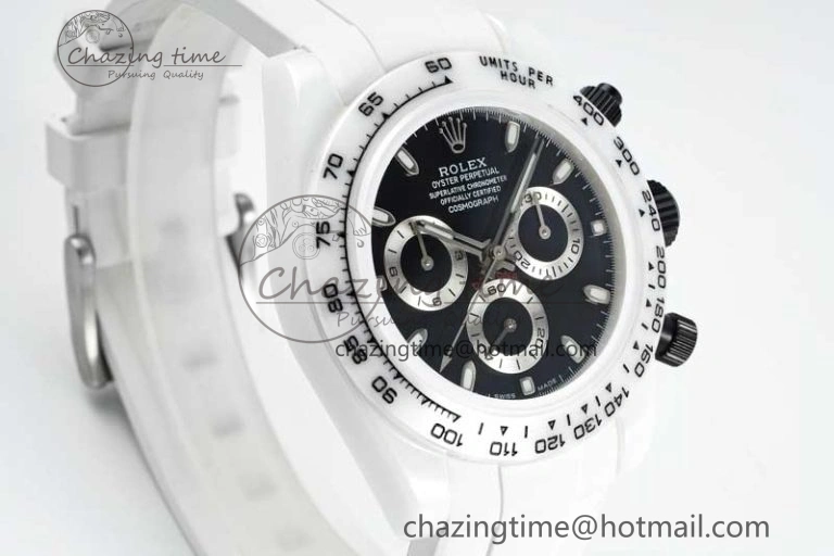 Daytona White Ceramic 5GF Best Edition Black Dial on White Rubber Strap A7750