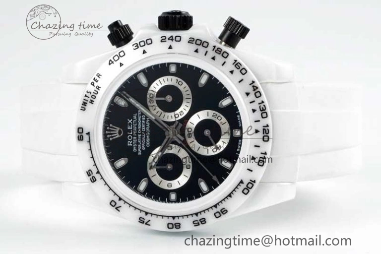 Daytona White Ceramic 5GF Best Edition Black Dial on White Rubber Strap A7750