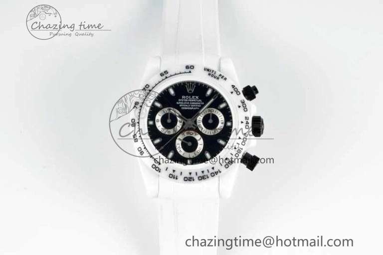 Daytona White Ceramic 5GF Best Edition Black Dial on White Rubber Strap A7750