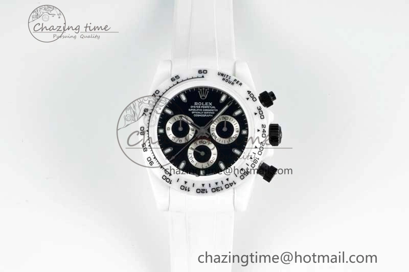 Daytona White Ceramic 5GF Best Edition Black Dial on White Rubber Strap A7750