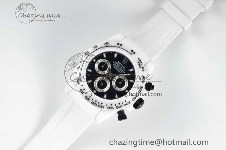 Daytona White Ceramic 5GF Best Edition Black Dial on White Rubber Strap A7750