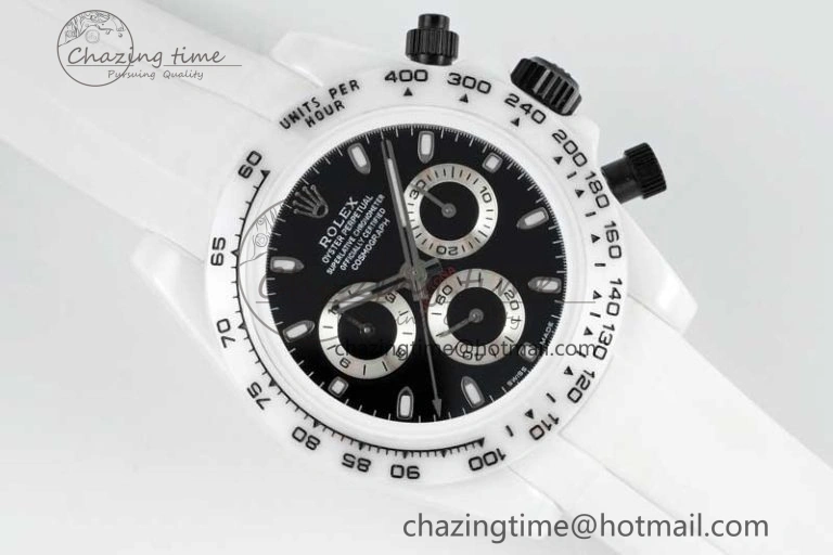 Daytona White Ceramic 5GF Best Edition Black Dial on White Rubber Strap A7750