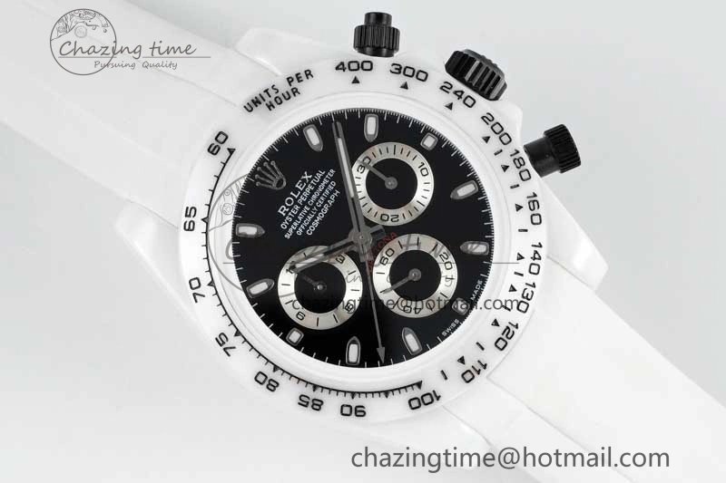 Daytona White Ceramic 5GF Best Edition Black Dial on White Rubber Strap A7750