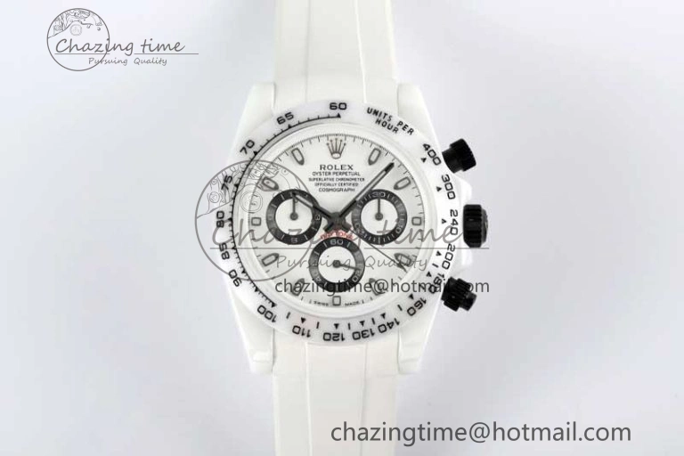 Daytona White Ceramic 5GF Best Edition White Black Dial on White Rubber Strap A7750