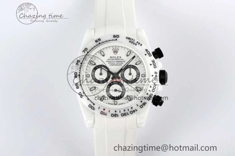 Daytona White Ceramic 5GF Best Edition White Black Dial on White Rubber Strap A7750