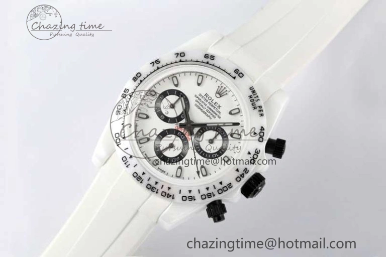 Daytona White Ceramic 5GF Best Edition White Black Dial on White Rubber Strap A7750