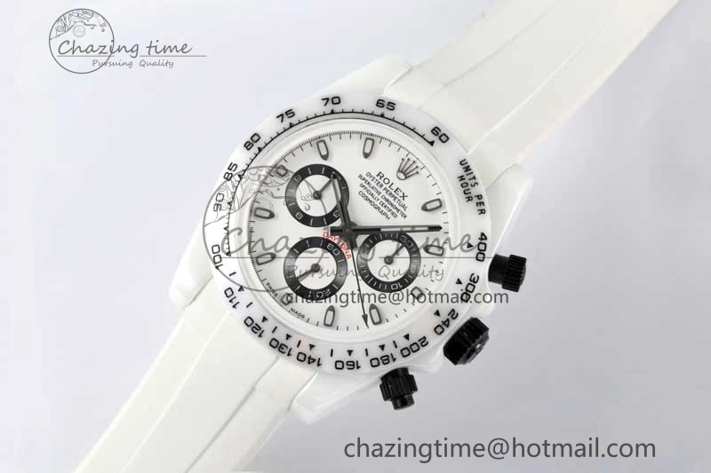 Daytona White Ceramic 5GF Best Edition White Black Dial on White Rubber Strap A7750