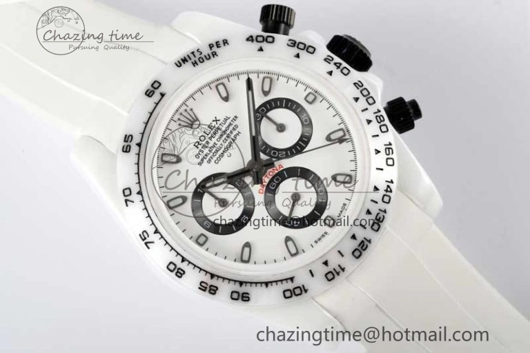 Daytona White Ceramic 5GF Best Edition White Black Dial on White Rubber Strap A7750