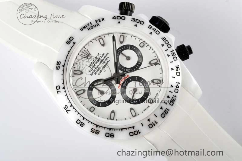 Daytona White Ceramic 5GF Best Edition White Black Dial on White Rubber Strap A7750
