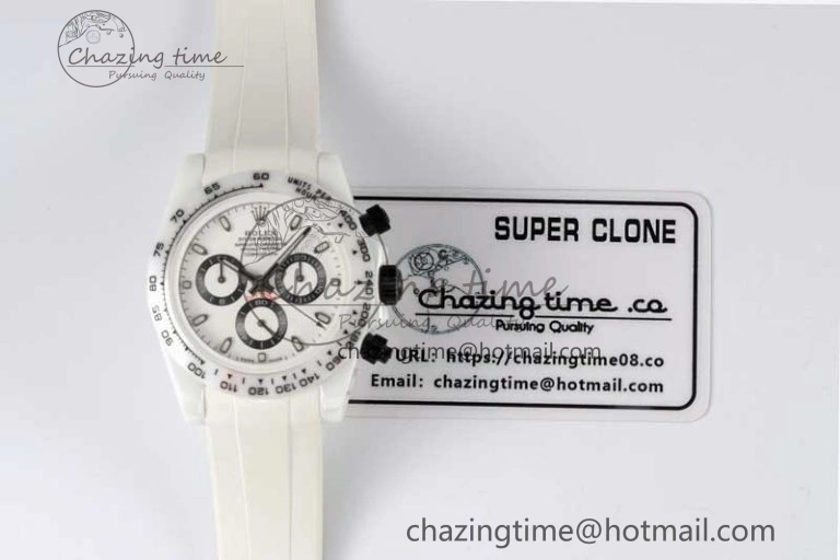 Daytona White Ceramic 5GF Best Edition White Black Dial on White Rubber Strap A7750