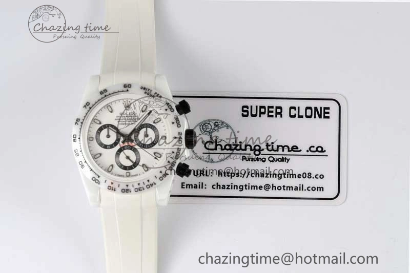Daytona White Ceramic 5GF Best Edition White Black Dial on White Rubber Strap A7750