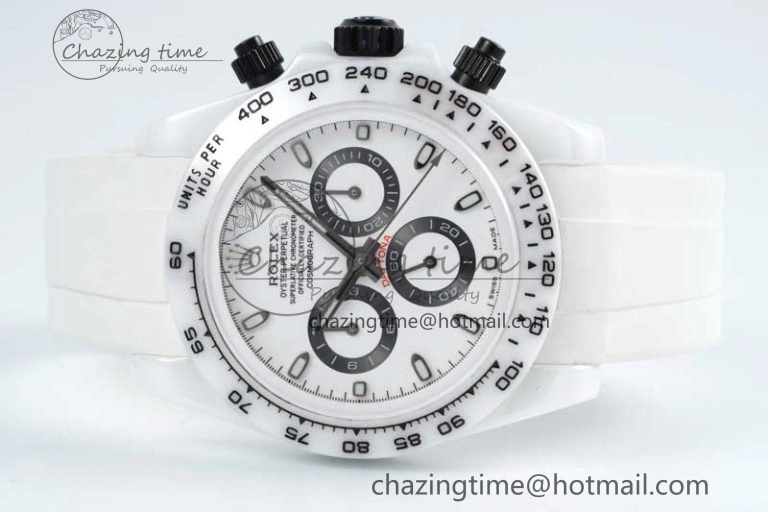 Daytona White Ceramic 5GF Best Edition White Black Dial on White Rubber Strap A7750