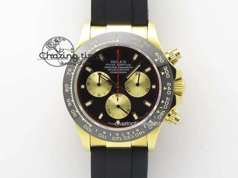 Daytona YG BP Maker Black Dial Gold Subdial Sticks Markers On Rubber Strap A7750@6