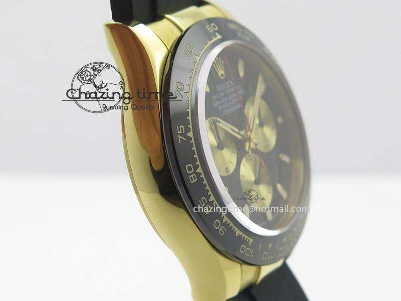 Daytona YG BP Maker Black Dial Gold Subdial Sticks Markers On Rubber Strap A7750@6