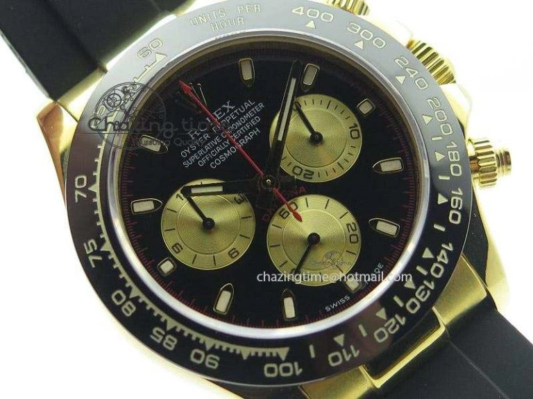 Daytona YG BP Maker Black Dial Gold Subdial Sticks Markers On Rubber Strap A7750@6
