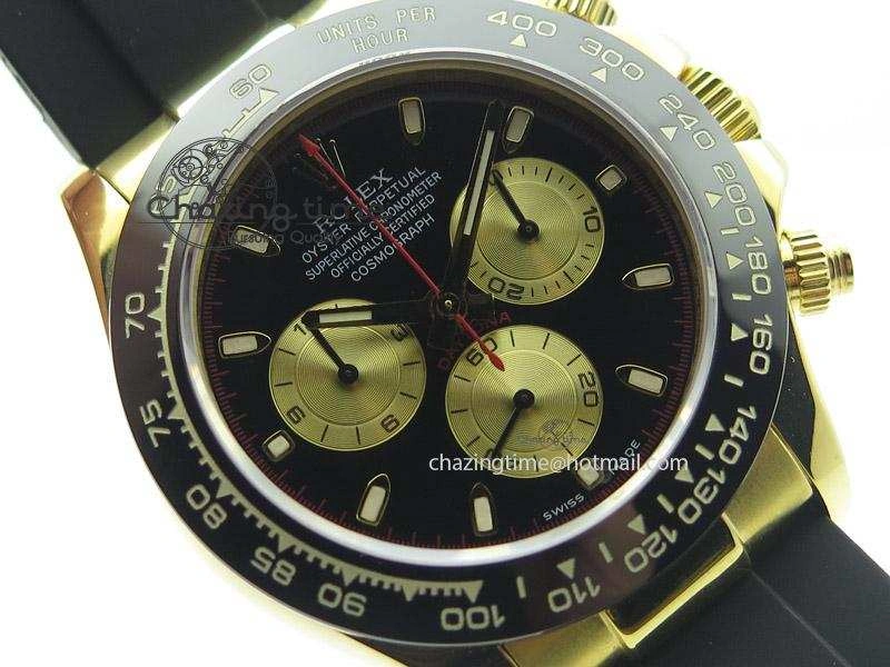 Daytona YG BP Maker Black Dial Gold Subdial Sticks Markers On Rubber Strap A7750@6