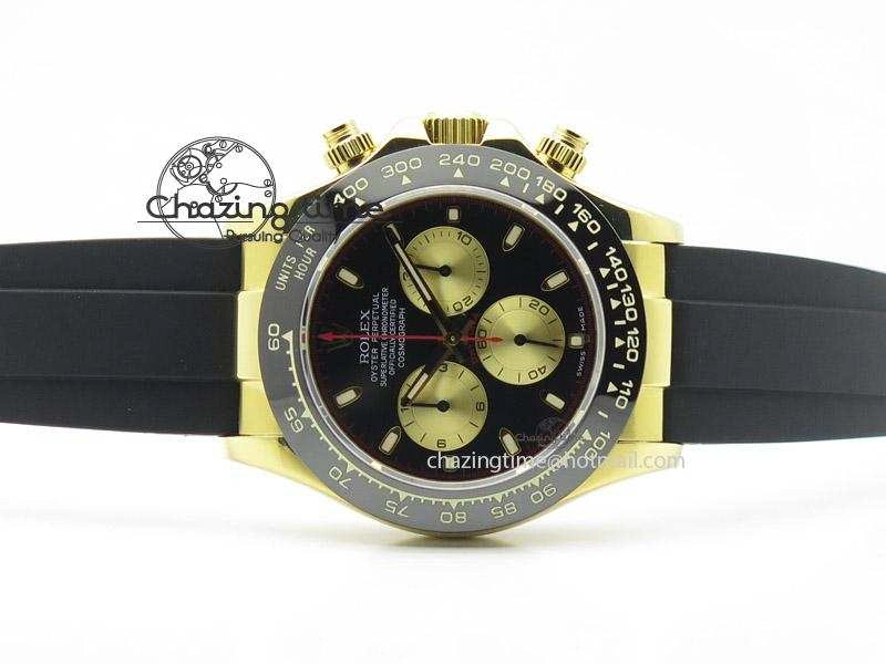 Daytona YG BP Maker Black Dial Gold Subdial Sticks Markers On Rubber Strap A7750@6