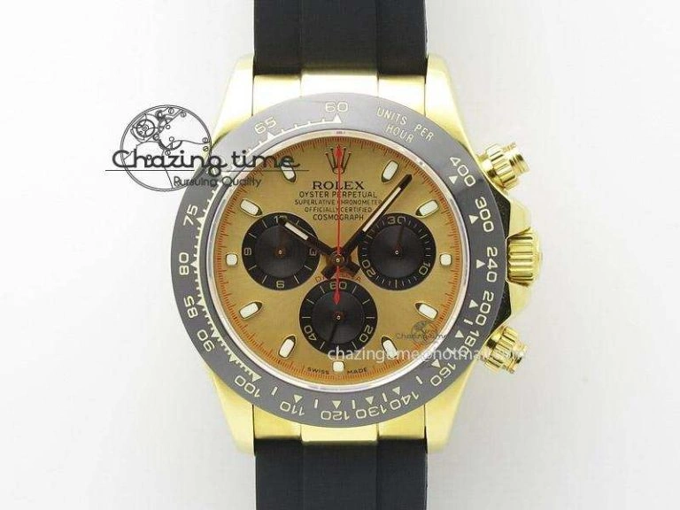 Daytona YG BP Maker Gold Dial Black Subdail Sticks Markers On Rubber Strap A7750@6