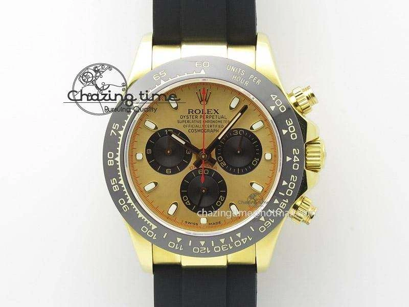 Daytona YG BP Maker Gold Dial Black Subdail Sticks Markers On Rubber Strap A7750@6