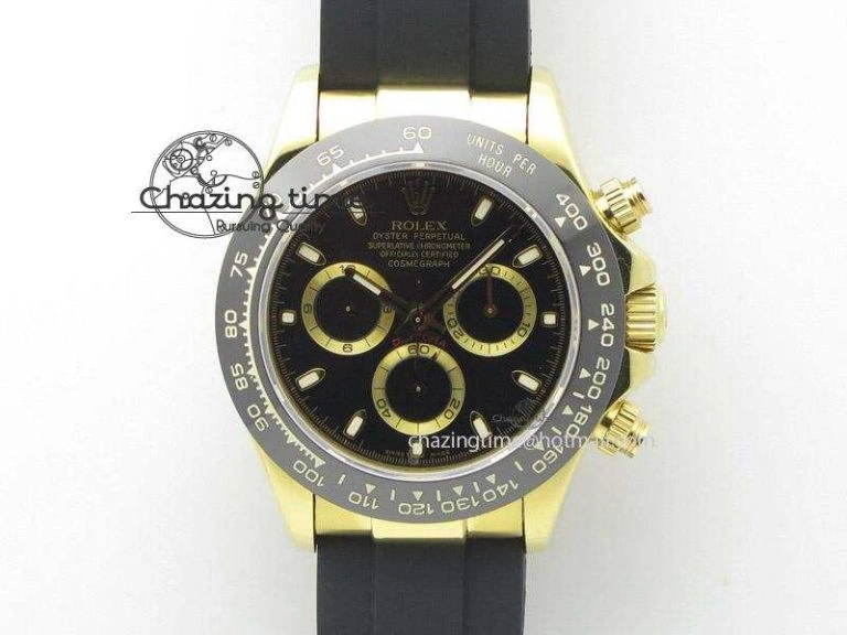 Daytona YG Bp Maker Black Dial Gold Ring Sticks Markers On Rubber Strap A7750@6