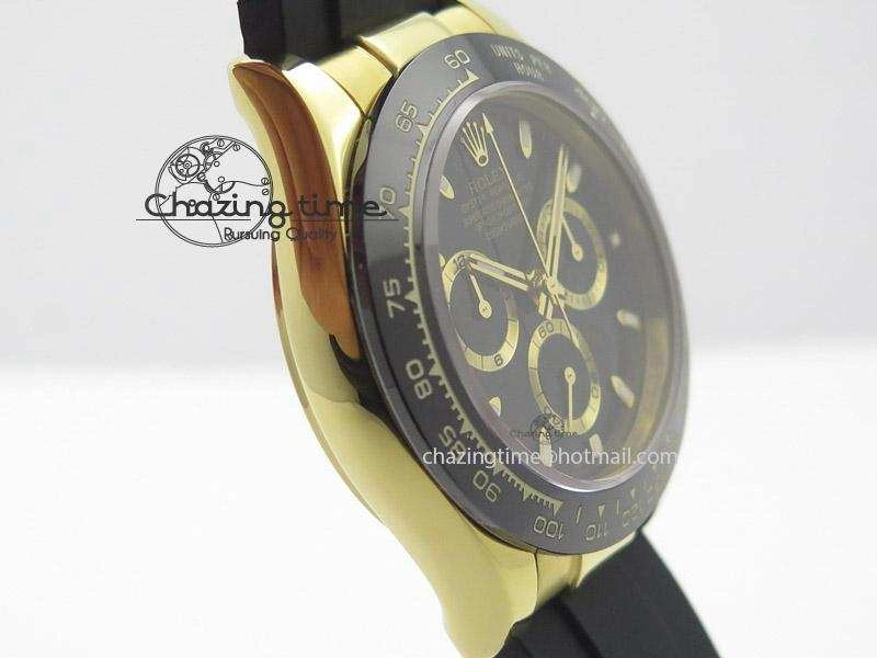 Daytona YG Bp Maker Black Dial Gold Ring Sticks Markers On Rubber Strap A7750@6